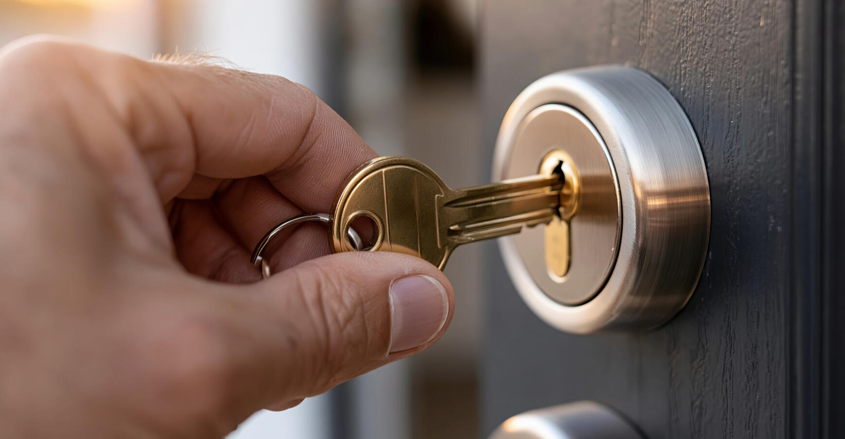 Hand inserting a key into a door lock